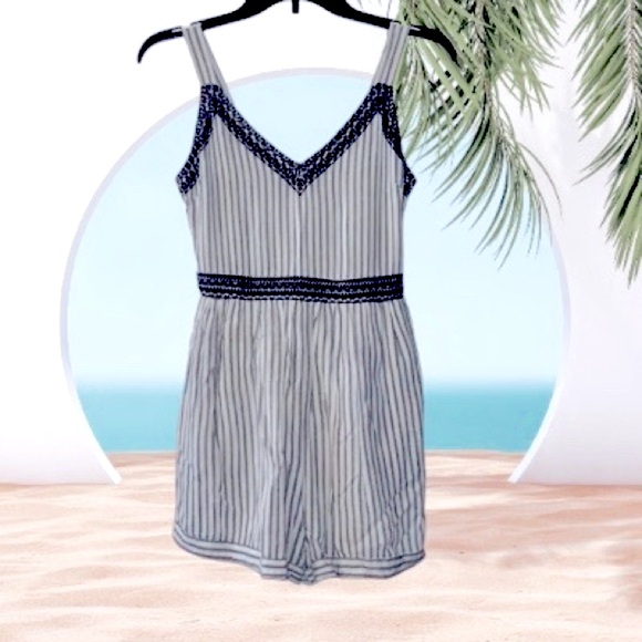 Japna Pants - Japna Romper, Blue Stripe, Contrasting Embroidery, M, NWT